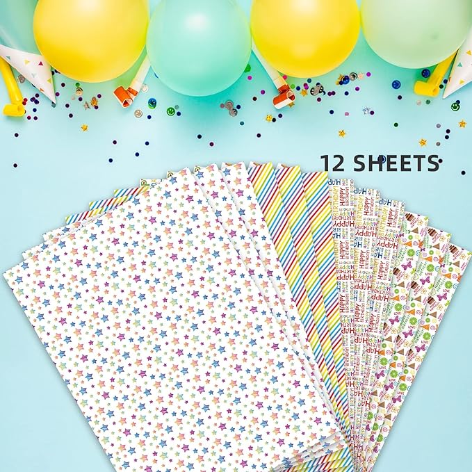 PlandRichW Birthday Wrapping Paper 12 Sheets Folded Flat for Kids, Boys, Girls, Adults.Includes Happy Birthday, Star, Rainbow, Cake 4 Colorful Designs for Baby Shower, Holiday, Party 20 X 29 Inch