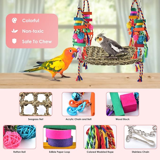 KATUMO Bird Toys, Bird Foraging Wall Toy Large Size Seagrass Woven Climbing Hammock Swing Mat with Colorful Chewing Toys for Lovebird, Parakeet, Budgie, Conure, Cockatiel, Small Birds | Hand-Woven Seagrass Toy with Chew Accessories, Supports Climbing, ...