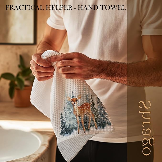 Winter Christmas Deer Kitchen Towels, Deer Gifts, Animal Lover Gifts Dish Tea Towels for Kitchen, Winter Pine Tree Forest Decorative Hand Towel for Kids Bathroom Decor, 16x24 Inch