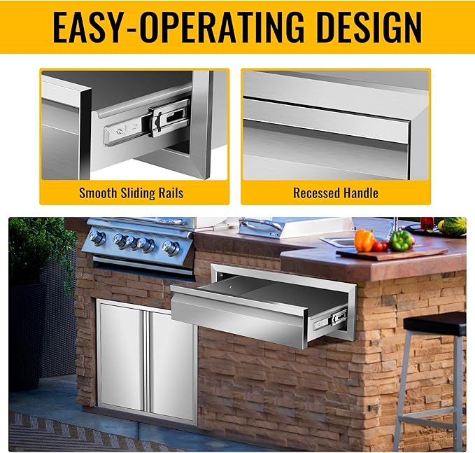 Outdoor Kitchen Drawers Stainless Steel 24W X 6.5H X 23D Inch, Flush Mount Single BBQ Island Drawers with Hidden Handle for Outdoor Kitchens, Patio or Grill Station