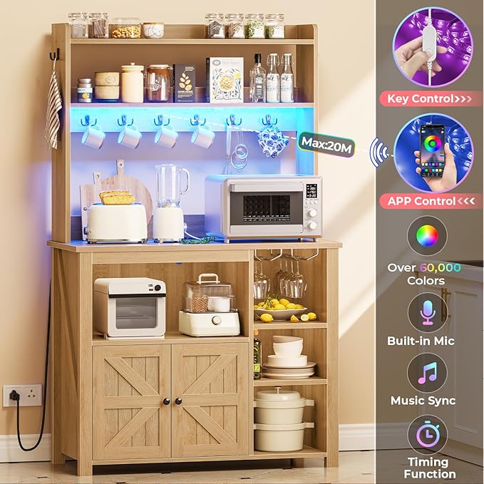 Itaar 35.4 inch Bakers Rack with Power Outlet and Storage, Farmhouse Coffee Bar Cabinet, Microwave Stand Kitchen Cabinet with Hutch, LED Lights, Wine Glass Holder and 8 Hooks, Oak