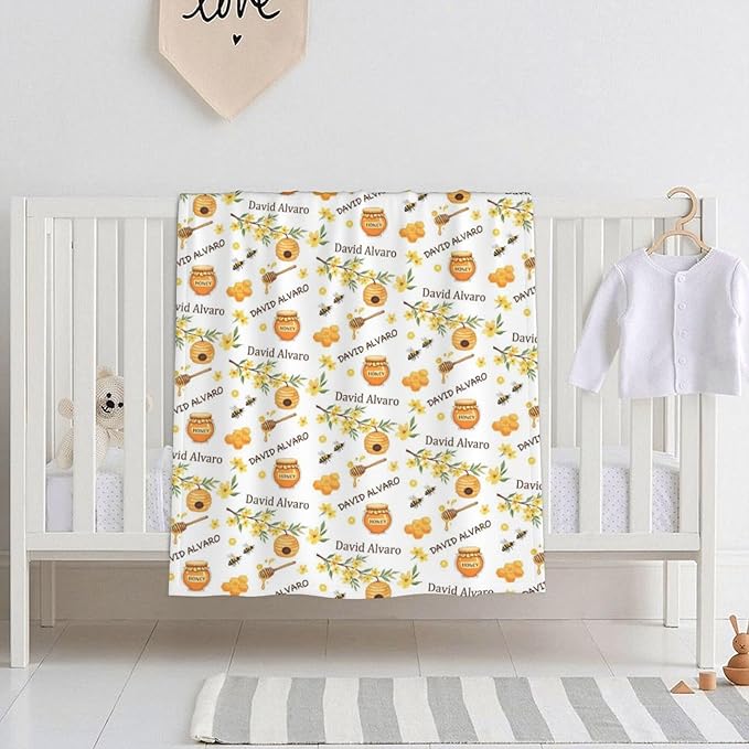 Ship Next Day, Personalized Baby Blanket for Boys Girls - Printed in USA, Custom Name Toddler Blanket with Honey Pattern, Perfect Newborn Gift