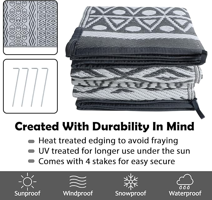 SAND MINE Reversible Mat, Indoor Outdoor Rug Carpet, Reversible Patio Rug, RV Camping Rug, Plastic Straw Rug, Large Floor Mat for RV, Patio, Backyard, Deck, Picnic, Camping, Grey & White, 6' x 9'