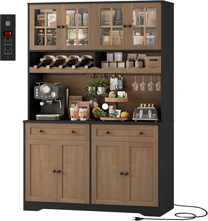 HOSTACK 75.4" Tall Kitchen Pantry Cabinet with Charging Station, Modern White Kitchen Hutch with Microwave Stand and Wine Rack, Large Food Pantry Storage Cabinet with Glass Doors and Drawers, Brown