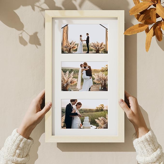 Vittanly 8x14 Picture Frames Collage Wall Decor, Displays 3Pcs 4x6 Pictures with Mat or 1Pcs 8x14 without Mat, Collage Picture Frame for Horizontal or Vertical Display, Cornsilk, 1 Pack
