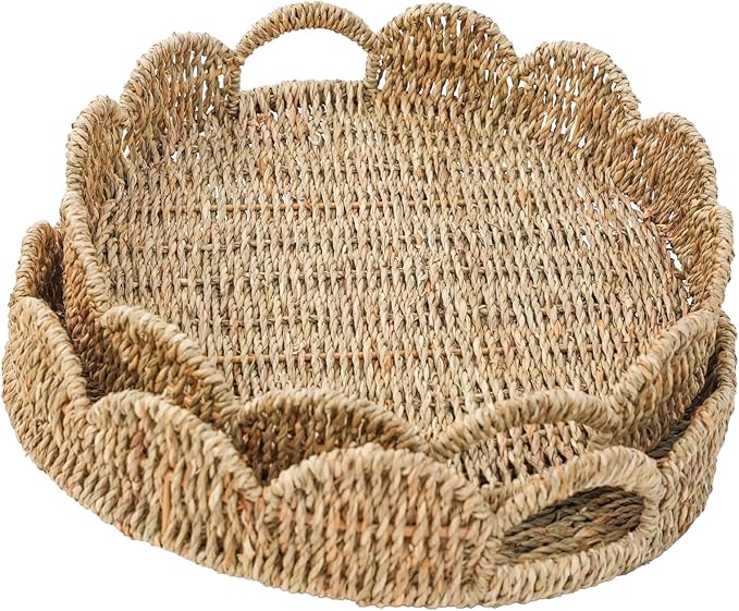 Scalloped Serving Tray, 13.8" Woven Round Table Decor Tray, Wicker Rattan Basket with Handles, Natural Seagrass Tray for Room Decor, Set of 2