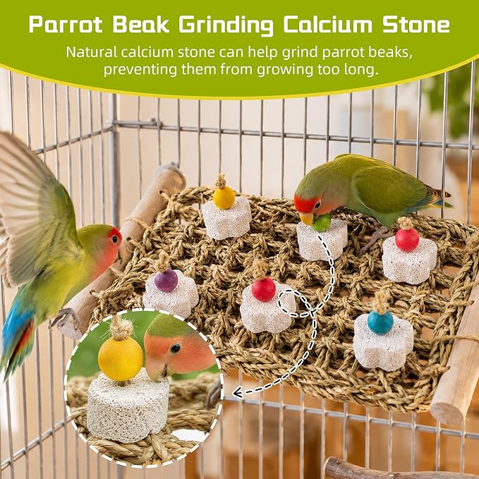 FlidRunest Conure Seagrass Mat with Grinding Calcium Stone Chewing Toy | Parrot Beak Grinding Stone and Seagrass Ladder Bridge Stands, Hand-Woven Net Climbing Net for Budgie Parakeet