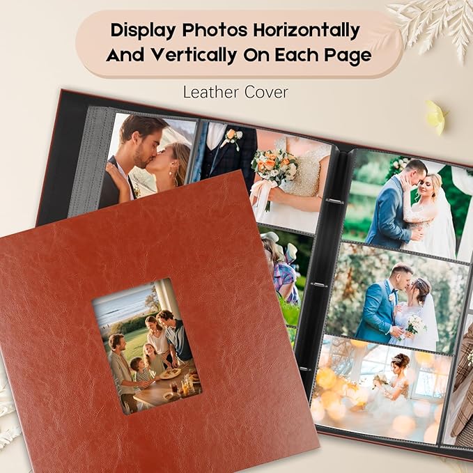 1000 Pocket Photo Album 4x6 Leather Cover, Extra Large Capacity Holds 1000 Horizontal and Vertical Photos, Acid Free Non Stick Pages with Front Window, Perfect for Wedding Family Baby Memories (Brown)