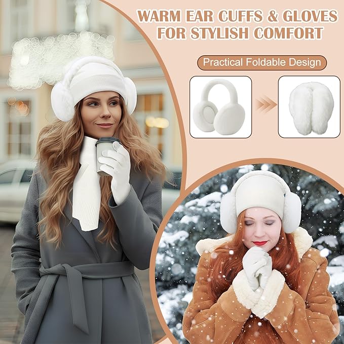 Geyoga 6 Pcs Women Winter Beanie Hat Scarf Gloves Ear Muffs Fuzzy Socks Set, Touchscreen Gloves for Thermal Gift Cold Weather