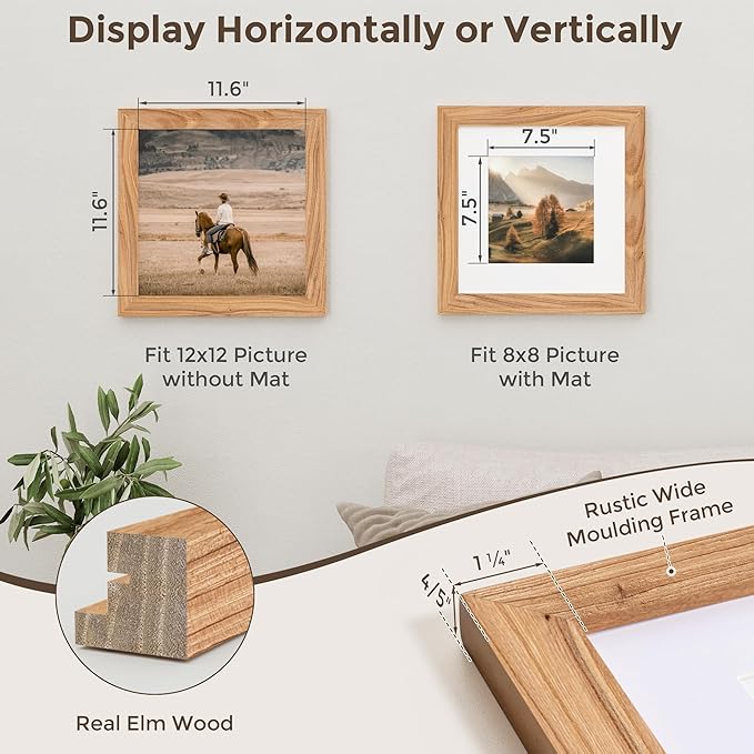 Fun Memories 12x12 Picture Frame, Square Frame with Mat for 8x8 Photo, Solid Elm Wood & Tempered Glass, Rustic Photo Frame Wall & Tabletop Display, Natural, 1 Pack