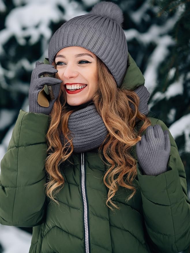LOROME Women Winter Beanie Hat Scarf Gloves Set, Fleece Knitted Pompom Hat Warm Neck Scarf Touchscreen Gloves Winter Gift