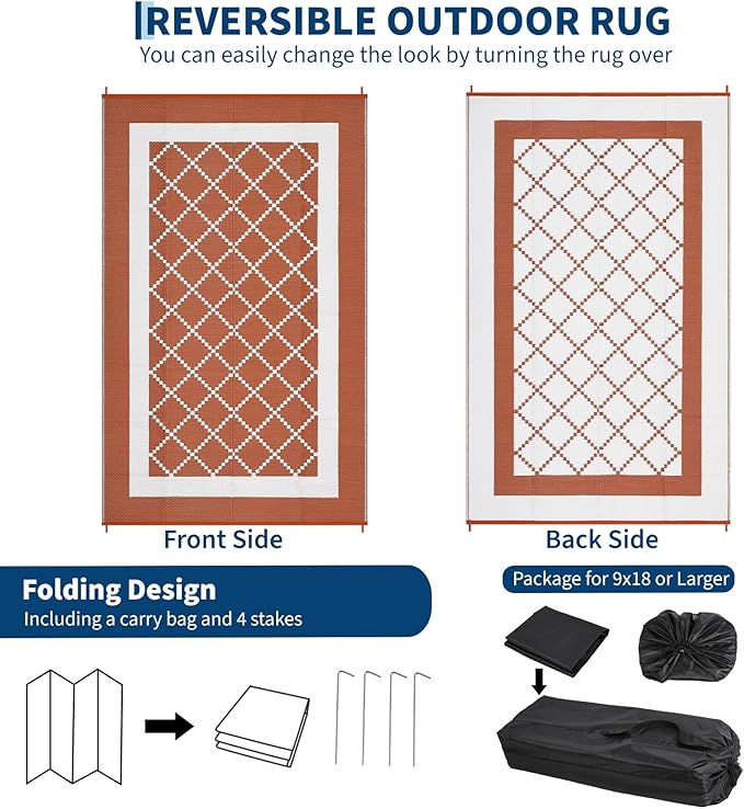 Outdoor Rug for Patio 9x12 Waterproof Camping Mat Reversible Plastic Straw Floor Carpet Modern Diamond Indoor Outdoor Large Area Rug for RV Deck Balcony Backyard Orange/White