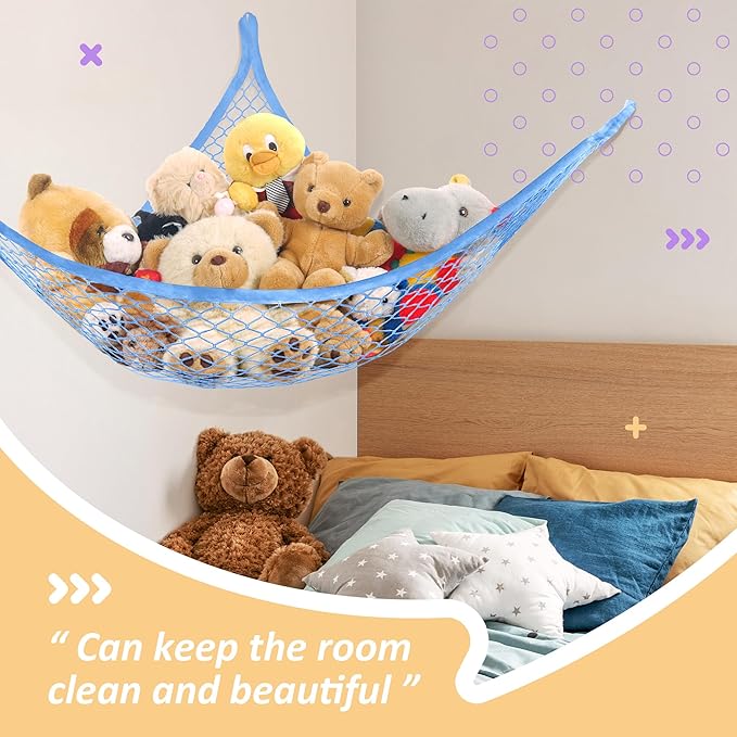 Stuffed Animal Net Hammock for Plushie Toys, Stuffed Animal Hammock Corner for Kids' Room Decor, Ideas for Organizing Stuffy Collection, 1 Pack, Blue