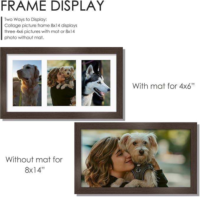 8x14 Collage Picture Frame 4x6 Collage Picture Frame Displays Three 4x6 inch Photos or 8x14 (Without Mat) for Available Horizontal Wall Mounting Display and Vertical Walnut