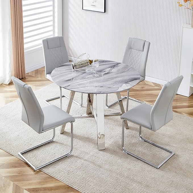 Round Dining Table Set for 4, Modern Kitchen Dining Table and Chairs Set for 4,5 Piece Dining Room Table Set,Round Faux Marble Table with 4 PU Leather Chairs for Small Space Kitchen Office