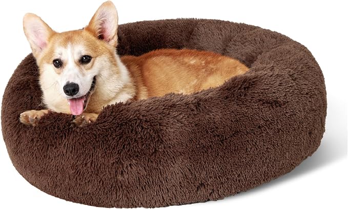 Bedsure Calming Dog Bed Medium Large Size Dogs Washable Pet Bed,33ins | Fluffy Faux Fur Round Donut Cuddler,Machine Washable,Anti-Slip Bottom,Anti-Anxiety,Deep Sleeping for Pets Up to 65 Lbs,Coffee