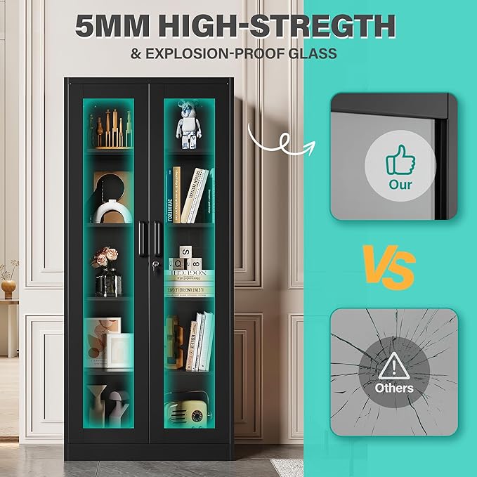 Metal Storage Cabinet with Lock and Glass Doors,Glass Display Cabinet,Black Storage Cabinets,Locking Curio Cabinets with 5 Shelves for Collectibles,Home,Office,Living Room