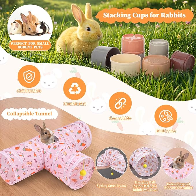 34 Pcs Rabbit Starter Kit Rabbit Litter Box Small Animal Water Bottle Cups Bunny Tunnels Animal Grooming Kit Bowl Blanket with Cleaning Set for Guinea Pig Bunny(Style 3,Sakura Pink)