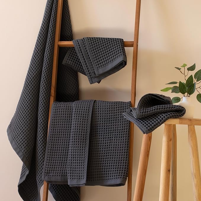 PÜSKÜL - Premium Waffle Towel Set 4 Pieces Gray Anthracite - Organic 100% Turkish Cotton Quick-Dry Towels for Bathroom Made in Turkiye (Dark Gray, Towel Set - 2 Hand & 2 Bath Towels)