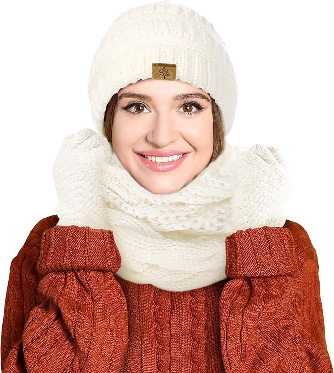 Winter Beanie Hat Scarf Gloves Set, Winter Clothes for Women, Fleece Lined Hats Touchscreen Gloves Thick Neck Warmer