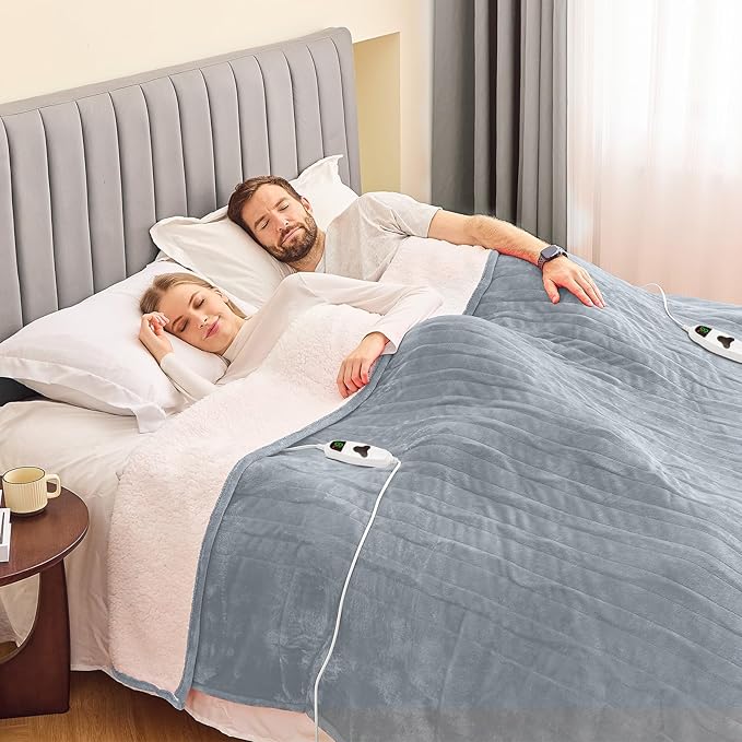 greenoak Heated Blanket Electric Queen Size 84"X90" Dual Control, Heating Blanket with 10 Heat Levels 1/2/4/6/8 Hours Auto-Off, Soft Sherpa Warm Blanket, Dove Grey