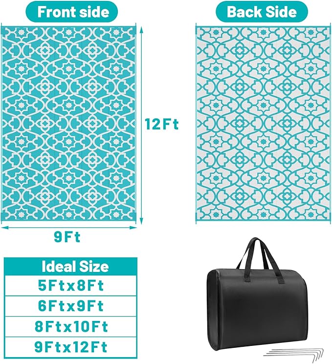 HEBE Outdoor Rug Waterproof 9x12, Plastic Straw Rug Camping Rug, Reversible Outdoor Patio Rugs RV Mat Clearance, Indoor Outside Floor Carpet for Porch,Deck,Camper,Balcony,Backyard