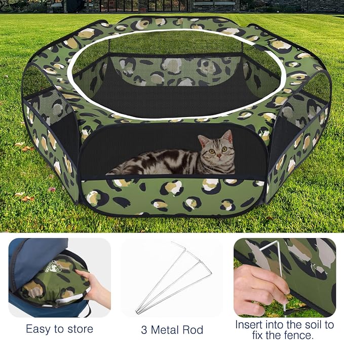 Pawaboo Small Animal Playpen with Zippered Cover, Leopard Print | Portable pop-up pet tent for supervised rabbits, guinea pigs, chicks and kittens; water-resistant bottom and 3 metal rods