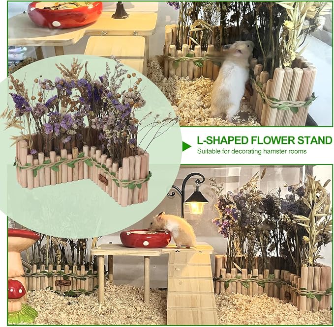 Hamster Cage Sprays Flower Foraging Holder - Natural Wood Feeding Stand, Small Pet Habitat Accessories for Hamsters Mouse Guinea Pig Dwarf Gerbils Syrian Mice (Leaf - L Shape)