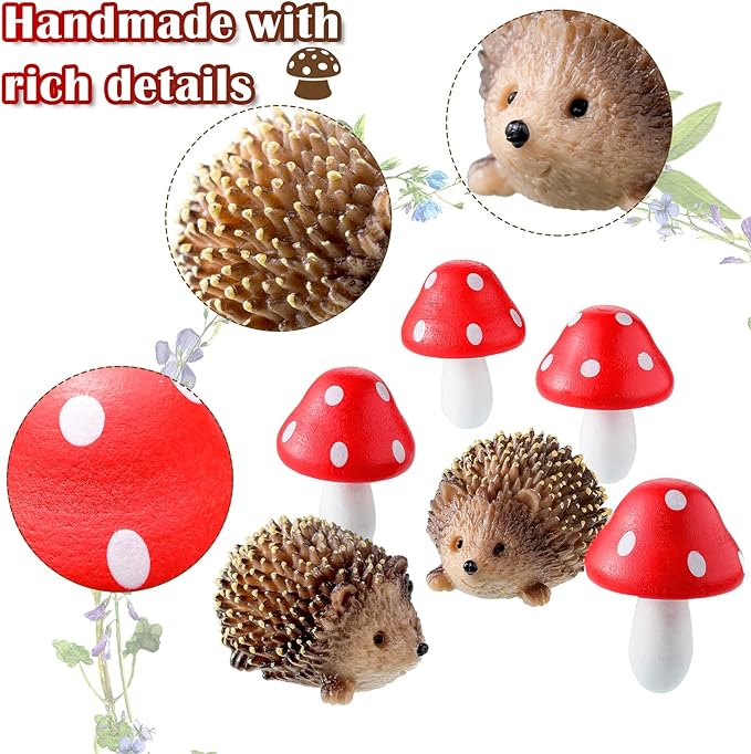 Queekay Fairy Garden Hedgehog Miniature Figurines, Resin Mushroom Decor | Hedgehog & Mushroom Set, Plant Pot Bonsai Accent, Miniature Fairy Garden Figurines, Resin Craft, Indoor Outdoor Scene