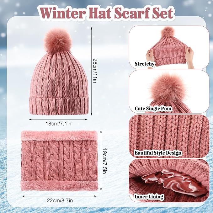 SATINIOR 5 Pcs Winter Satin Lined Hat Scarf Gloves Set Knit Pompom Beanie Warm Touchscreen Glove Earmuff Ear Warmer for Women