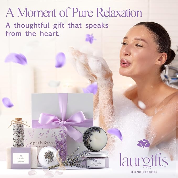 Lavender Small Spa Gift Box for Women – Relaxing Self Care Set with Candle, Bath Bomb, Soap & Scrub – Birthday, Thank You, Christmas, Housewarming, Bridal Shower, Get Well Soon Gift Basket for Her