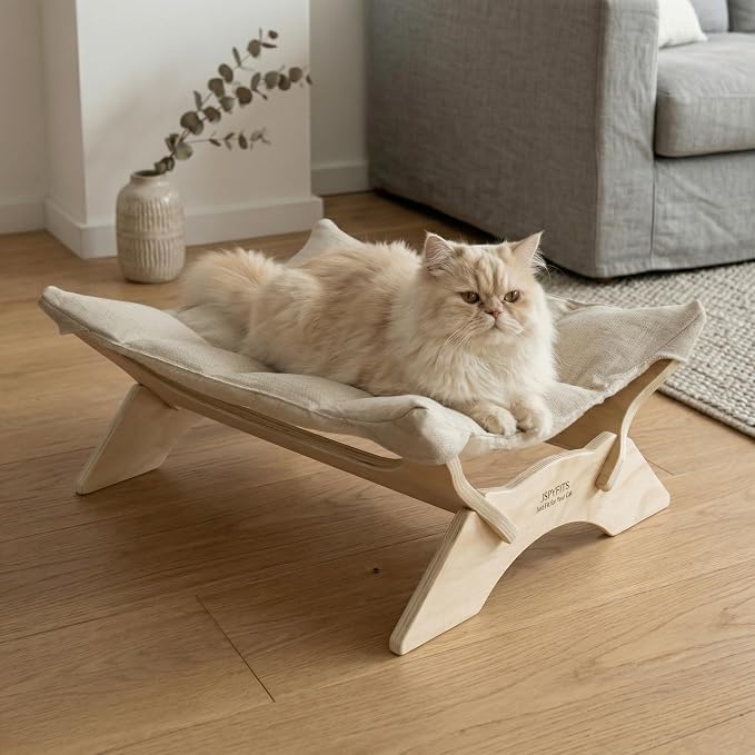JSPYFITS Elevated Cat Bed Hammock, Raised Cat Bed with Dual-Sided Plush & Linen Cushion, Machine Washable & Breathable Cover Tool Free Easy Assembly, up to 66Lbs (White)