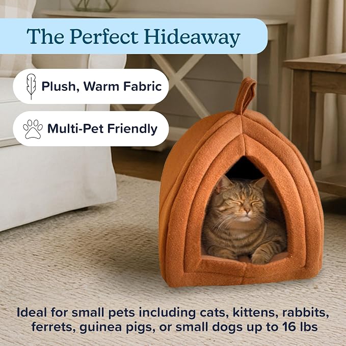 Cat House - Indoor Cat Bed with Removable Foam Cushion - Pet Tent for Kittens, Rabbits, Guinea Pigs, and Other Small Animals by PETMAKER (Brown)