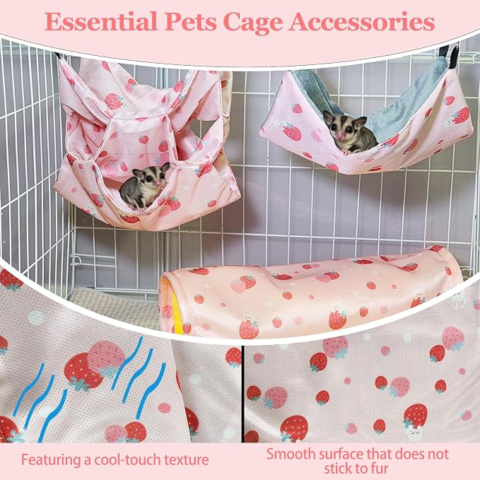 Hamiledyi Rat Hammock Sugar Glider Climbing Ropes Toys Rat Hanging Tunnel Hammock Swing Squirrel Hideout Bed Cage Accessories for Ferret Mouse Hamster Small Animals (Pink)