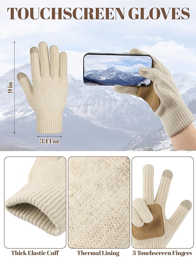 LOROME Women Winter Beanie Hat Scarf Gloves Set, Fleece Knitted Pompom Hat Warm Neck Scarf Touchscreen Gloves Winter Gift