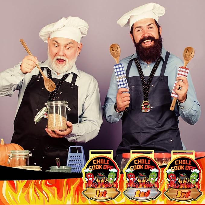 Quelay 9 Pcs Chili Cook off Trophies Prizes Set 1st 2nd 3rd Place Metal Medals Wooden Spoons for Cooking Cotton Towels Chili Cook off Decorations Cooking Gifts for Men Women Festivals Supplies