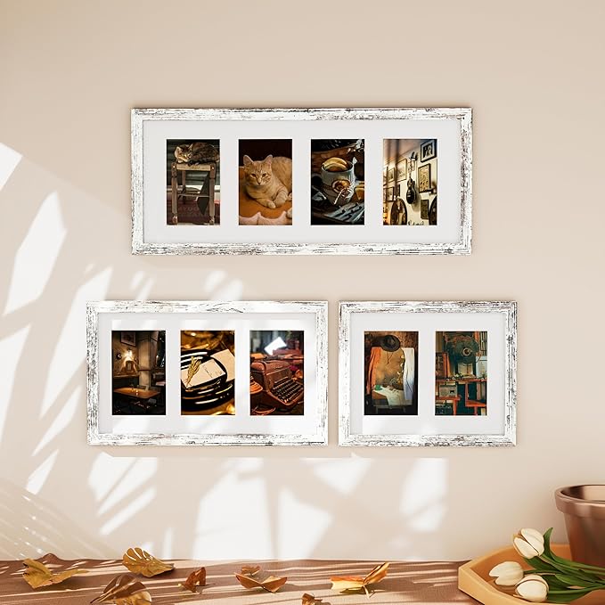 Vittanly 8x10 Collage Picture Frame, Displays 2Pcs 4x6 Pictures with Mat or 1Pcs 8x10 without Mat, Photo Frame for Wall Mounting or Table Top with Stand, Distressed White, 1 Pack