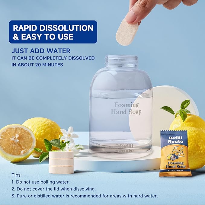 Foaming Hand Soap Refill Tablets 12 Pcs - Makes 96 fl oz Total (12x 8 fl oz) - Cleansing, Moisturizing, Vegan, No Plastic - for Foaming Dispenser Only (Not Included) - Citrus Lemon
