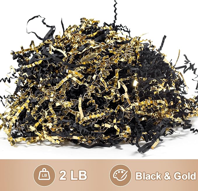 Wowxyz 2 LB Crinkle Cut Paper Shred Black & Gold Crinkle Shredded Paper - Gift Box Baskets Bag Filler - Confetti Stuffing for Birthday, Holiday Gift Packaging Wrapping