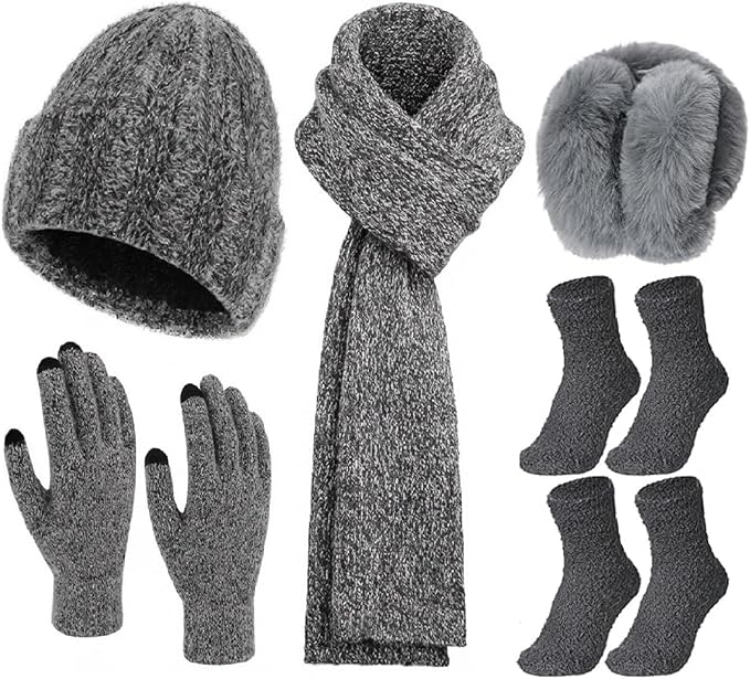 Geyoga 6 Pcs Winter Knit Set Beanie Hat Long Scarf Touchscreen Gloves Ear Muff Socks Warm Valentine Gift for Women Men Snow(Dark Grey,Chic Style)