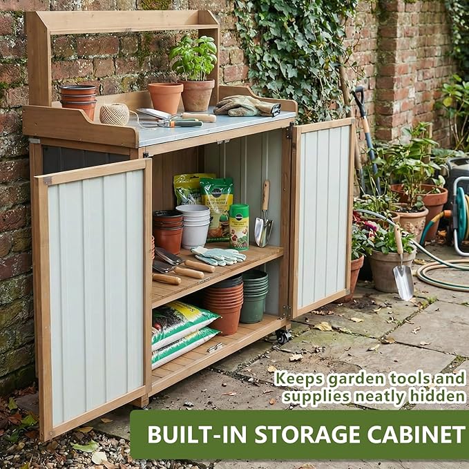 Ketive Outdoor Potting Bench with Storage, Potting Table with Metal Top, Garden Workstation Cabinet with Shelf, Rolling Outdoor Work Table for Backyard Patio Gardening