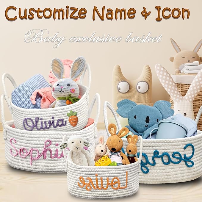 Personalized Basket with Name Custom Cotton Rope Basket Monogrammed Nursery Storage Bin for Diapers Toys & Kids' Room Decor