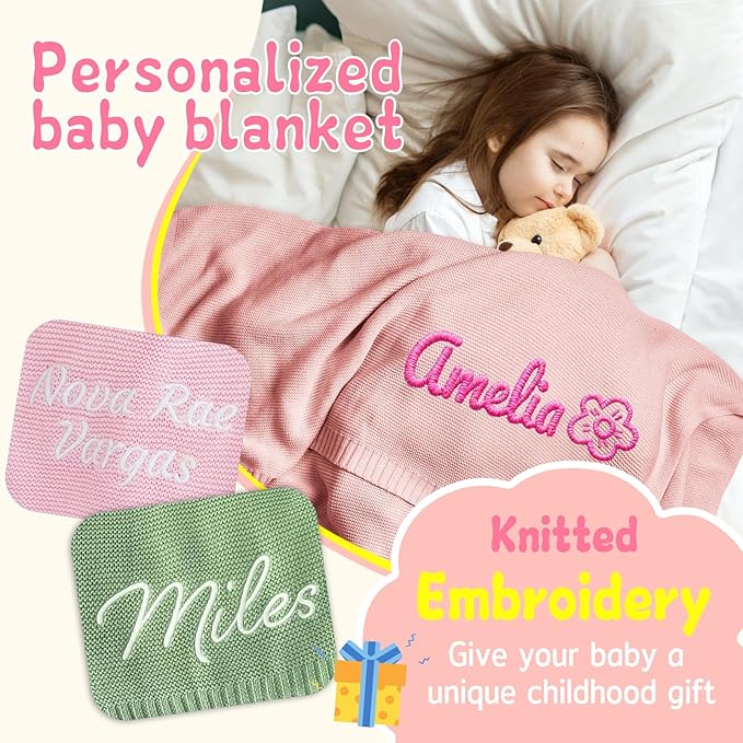 Personalized Baby Blanket with Name - Custom Embroidered Knitted Swaddle Receiving Blanket, 30x40 Inch, Soft Organic Cotton, Unique for Newborn, Birthday, Christmas