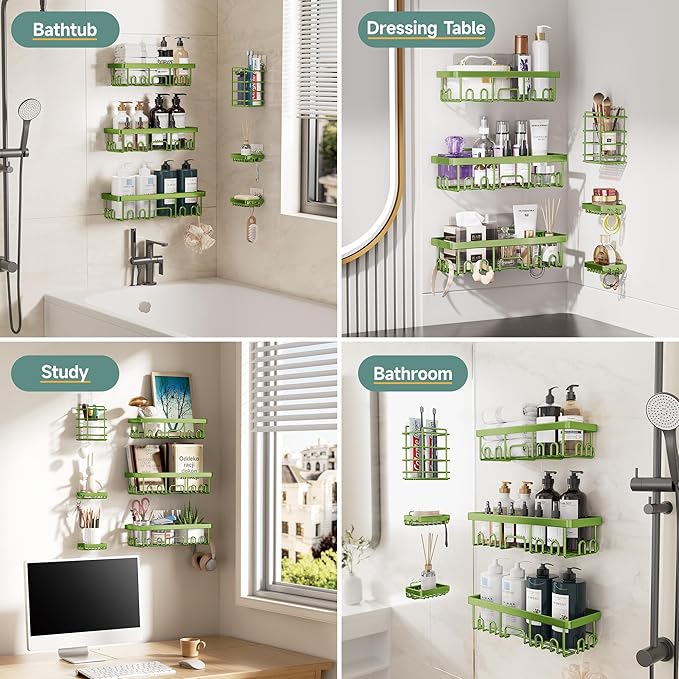 Veken Rustproof & Waterproof Shower Caddy 6-Pack, No Drilling Adhesive Shelves Rack with Soap Holder, Large Capacity Bathroom Organizers and Storage, Wall-Mounted Kitchen & Home Decor, Green