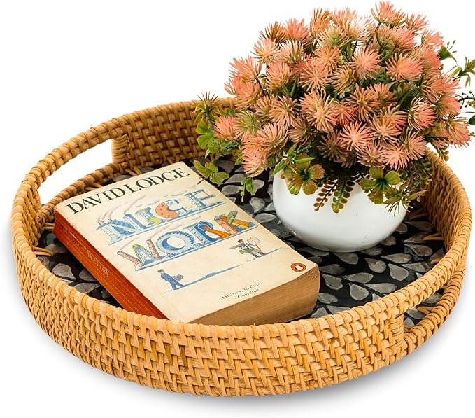 KOLWOVEN Round Rattan Tray with Handle, Rattan Serving Tray with Mother of Pearl Inlay Wooden Base, Decorative Wicker Basket for Table (Black- White Leaves)