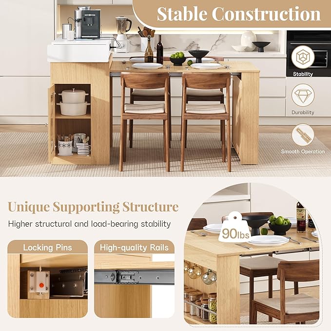 Amposei Kitchen Island with Extendable Dining Table & Power Outlet, 58’’ Breakfast Bar Coffee Station Sideboard Glass Door Storage Cabinet with Drawers, Natural & Creamy White