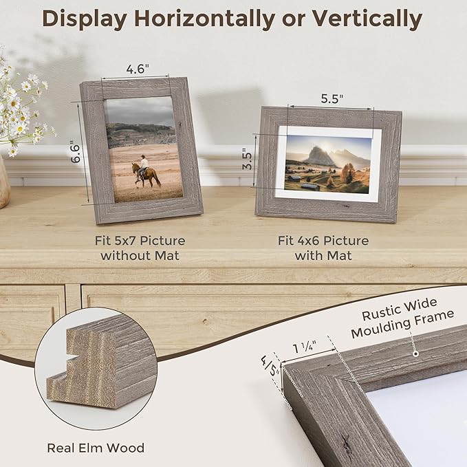 Fun Memories 5x7 Picture Frame with Mat for 4x6 Photo, Solid Elm Wood & Tempered Glass, Rustic Wall & Tabletop Display Frame, Grey, 1 Pack