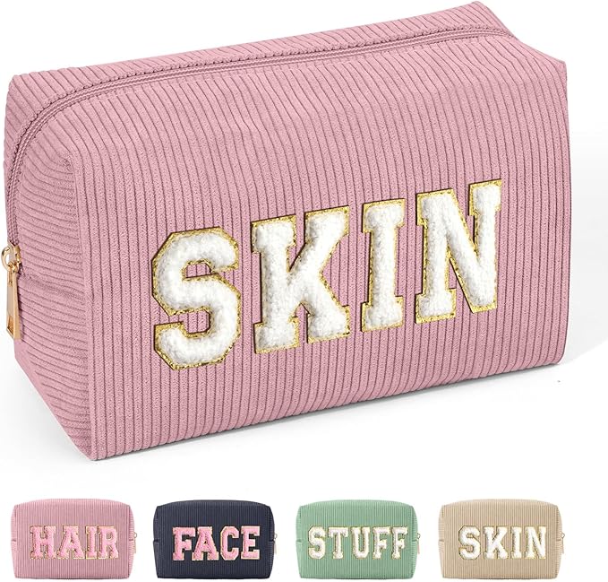 MAGEFY Corduroy Makeup Bag Small Makeup Bag for Purse with Compartments Cute Makeup Pouch Cosmetic Bag for Women Friends Preppy Gifts (Pink, SKIN)