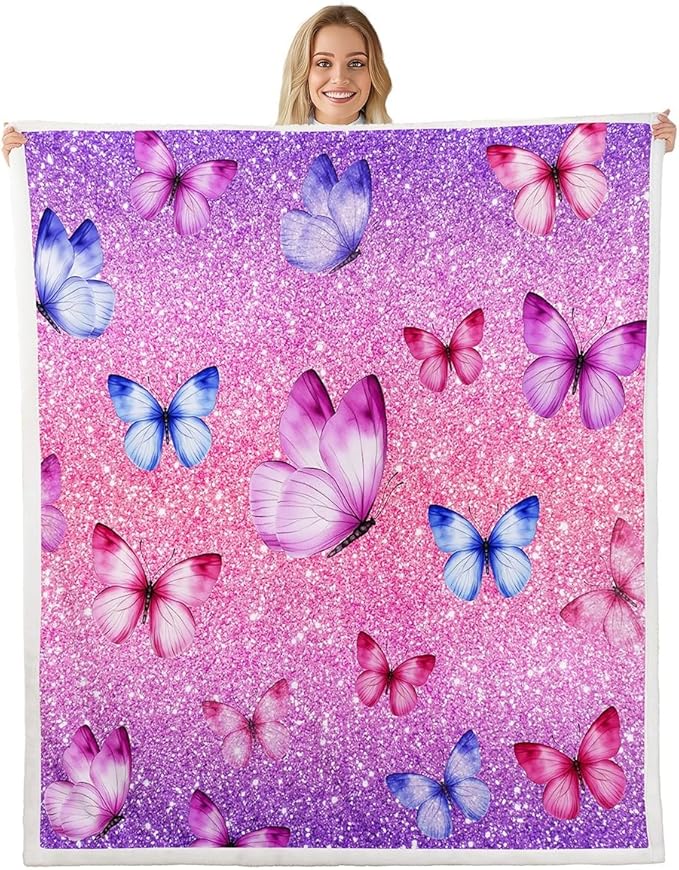 Feelyou Girls Butterfly Fleece Throw Blanket Queen 90"x90" Kids Pink Glitter Print Sherpa Blanket Plush Fuzzy for Bed Couch Chair Living Room, Dreamy Girly Bed Blanket Princess Style Room Decor