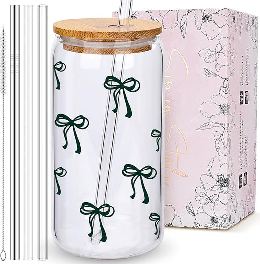 BIPEDS Cute Black Bow Glass Cup with Lid and Straws, Iced Coffee Smoothie Matcha Cup Tumbler, Birthday Gifts for Women Coffee Lover Teenage 13 14 15 16 17 18 19 years old Teen Girl Gifts Trendy Stuff